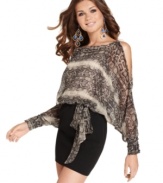 Could this dress be any hotter!? Snakeskin-print blouson top. Hip-hugging pencil skirt. Airy dolman sleeves with shoulder-exposing cutouts. This is the must-have dress of the season!