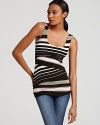 Diagonal tiers of graphic stripes make a bold statement on this Bailey 44 tank.