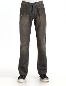 Slightly fitted, yet exceptionally comfortable, this slim-fit cotton denim classic has minimal fading, torn spots and a versatile black rinse.Mid-width waistband with belt loops Front zipper and button fly Five-pocket style Contrast stitching and logo patch at backpocket Inseam, about 34 Cotton; hand wash or machine wash Imported