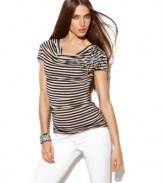 Stripes get sparkling with beads and rhinestones! INC's cute cowlneck top adds a glam touch to any outfit.