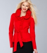 A ruffled collar and ruched placket and hem make this INC petite jacket irresistibly feminine.