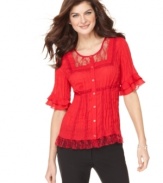 NY Collection gives us a frill! This lacy blouse looks just right for day or night.