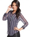 Gotta have it! Sheer chiffon fabric lends trend-licious style to this colorfully striped, button-down top from BCX.