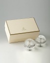 These elegant crystal spheres are embraced by an intricate garland band detailed with Swarovski crystals. Also available with gold-plated band. Lead-free crystal Platinum-plated band Gift boxed Imported