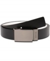 This smooth and reversible belt by Kenneth Cole Reaction has unique pinstripe and cut out detail on the buckle.