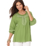 Chic embroidery and a laid-back fit combine for a well-traveled look in this peasant top from JM Collection! Pair it with basic pants for breezy style.