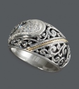 Extraordinary elegance. A tasteful band ring by Balissima by Effy Collection features scrolling filigree accents and round-cut diamonds (1/10 ct. t.w.). Crafted in sterling silver with 18k gold accents. Size 7.