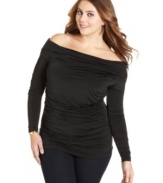 Show off your shoulders in Baby Phat's long sleeve plus size top, featuring flattering ruching.