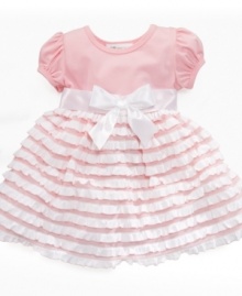 Flowing with darling ruffles and unabashed girlish charm, this adorable dress from Bonnie Baby is a perfectly pretty way to showcase precious princess.