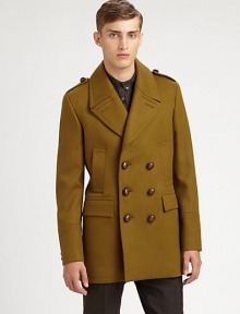 Fine Italian craftsmanship is represented in this outerwear classic, tailored in a superior wool blend with heritage-inspired details, finished in a streamlined, double-breasted silhouette.Button-frontNotch lapelShoulder epaulettesSide slash, waist flap pocketsRear beltFully linedAbout 33 from shoulder to hem80% virgin wool/20% polyamideDry cleanMade in Italy