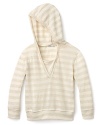 Long sleeve striped hoodie with v neckline and contrast inset.