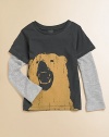 A long-sleeved, layered-look cotton tee is wild and wooly with a fierce bear graphic.CrewneckLong layered-look sleevesPullover styleCottonMachine washImported