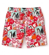 Take a vacation from basic swimwear and slip into these penguin-print Velebrequin Moorea trunks for resort-ready cool.