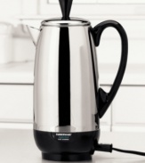 A more elegant alternative to standard coffee makers, this stainless steel percolator from Farberware has a sleek, pitcher shape. At a brewing rate of one cup per minute, this coffee pot sacrifices nothing in terms of speed for beauty. And once it has finished brewing, it will automatically switch to a safe keep warm temperature. Makes 4-12 cups. Comes with One-year limited warranty. Model #FCP412.