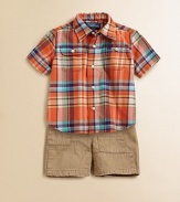 This exploration-driven set combines a plaid flannel camp shirt and classic herringbone shorts with repaired patchwork for an adorably rugged look. Shirt Straight point collarShort sleeves with sewn cuffsFront button placketButton-flap patch pocketsShirttail hem Shorts Button closureRear elasticized waistband with belt loops and D-ring closure beltZip flyAngled hand pocketsBack welt pocketSlightly frayed hemCottonMachine