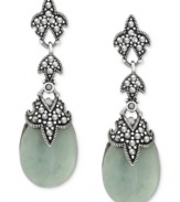 Earthy elegance. Genevieve & Grace's teardrop earrings are crafted from sterling silver, with a flower motif, as well as marcasite and jade (33 ct. t.w.) adding to the appeal. Approximate drop: 1-5/8 inches.