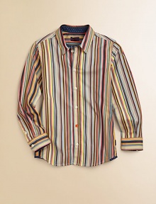 This smart and sophisticated dress shirt sports a rainbow of stripes and a contrast floral pattern along the inner sleeves and collar.Point collarLong sleeves with button cuffsButton front with single contrast buttonCurved hemCottonMachine washImported of French fabricPlease note: Number of buttons may vary depending on size ordered. 