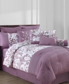 A chic lavender and white silhouette leaf print adorns this Audrey comforter set, featuring a pleated stripe and embroidered dots for rich texture. A lightweight coverlet, bedskirt and five distinctive decorative pillows complete this fresh, modern look. (Clearance)