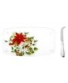 A season of entertaining and celebration will flourish with the Winter Meadow tray from Lenox's collection of serveware and serving dishes. Red poinsettias and crisp holly bloom on clear glass designed to complement the porcelain dinnerware collection. With cheese knife.