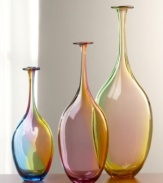 A beautiful accent for any home, this slender-necked bottle in swirling shades of pink and gold.