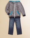 Contrasting trim meets bold stripes for an ultra-cool, stylish coverup for your little man.Attached hoodLong sleevesZip frontSplit kangaroo pockets75% modal/25% polyesterMachine washImported