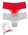 A 3 pack of delicate floral lace thongs in black, red and silver make for the perfect gift this holiday season.