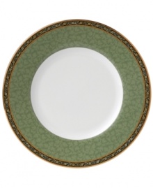 Deep blues and vibrant yellows combine with exotic florals to form a pattern that is rich in color and design. The exquisite detail and simple shape of this accent plate (shown middle) make this bone china collection ideal for any occasion.