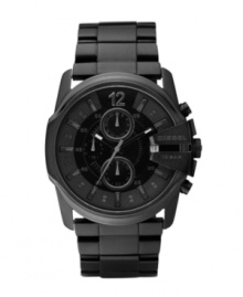 Diesel takes this classic chronograph watch into the black. Black ion-plated stainless steel bracelet and round case. Bezel engraved with logo at three o'clock. Black sunray chronograph dial features applied and printed stick indices, numeral at twelve o'clock, date window at three o'clock, three subdials and luminous hands. Quartz movement. Water resistant to 100 meters. Two-year limited warranty.