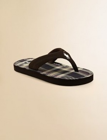 Slip his feet into these comfy and cozy in these flip flops with plaid insole and signature pony embroidery.Slip-onSportbuck upperCotton liningRubber solePadded insoleImported