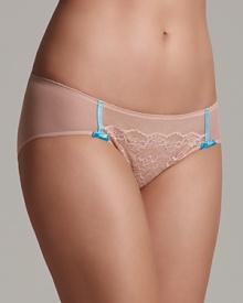 Flirt with confidence with this stretch mesh lace bikini with satin bows at the leg edges.