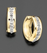 Pavé diamond accents and a soft, rounded shape lend a modern edge to traditional 14k gold hoop earrings .