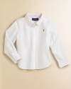 An all-season favorite and wardrobe essential in soft cotton oxford. Button-down collar Long sleeves with button barrel cuffs Button placket Embroidered polo pony logo Back yoke and box pleat Shirttail hem Cotton Machine wash Imported Please note: Number of buttons may vary depending on size ordered. 