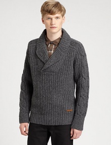 A shawl-collar sweater is impeccably knitted from superior wool, with cable knit detail at the sleeves for a classic finish to pullover sweater with modern-inspired style.Shawl collarRibbed knit cuffs and hemWoolDry cleanImported