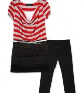 With bold red stripes and a relaxed design, this striped and banded dress set from BCX gives her a flirty fun style.