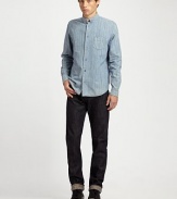 Pinstriped chambray is tailored oxford-style with a button-down collar.ButtonfrontChest patch pocketCottonMachine washImported