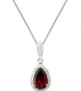 Crimson perfection. A pear-cut garnet (3 ct. t.w.) is the focal point amongst a ring of sparkling diamond accents. Necklace crafted in 14k rose gold. Approximate length: 18 inches. Approximate drop: 1 inch.