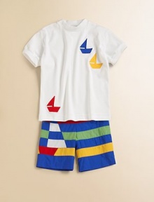 Say ahoy to this ultra-plush, pure cotton knit with sailboat appliqué.Ribbed crewneckShort sleeves with ribbed armbandsPullover styleCottonMachine washImported