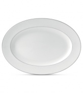 A brighter white. Royal Doulton's Finsbury oval platter embodies chic minimalism, swept with a pretty white-on-white pattern and bands of pewter gray. Versatile bone china proves a smart choice for every day as well as entertaining.