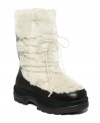 Freezing rain and snow in the forecast? Don't leave home without Muk Luks® Massak cold weather boots! Equipped with weatherproof technology and fully lined, these round-toe short boots feature a lace-up closure, faux sherpa detailing in front and knit embellishment in back.