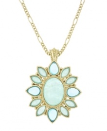 Breathe new life into your look. 2028's pretty floral pendant features light blue faux quartz stones in marquise, pear, and oval cuts. Set in brass tone mixed metal. Approximate length: 22 inches. Approximate drop: 1-1/2 inches.