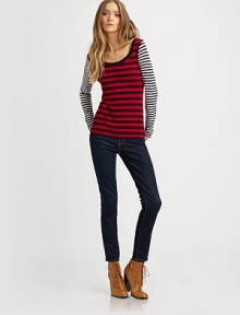 Contrast stripes converge in this eye-popping scoopneck top.Long sleevesPullover styleAbout 22¼ from shoulder to hem94% viscose/6% elastomeroDry cleanMade in USA of Italian fabric