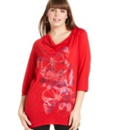 Snag a standout casual look with Style&co.'s three-quarter-sleeve plus size top, showcasing an embellished print.