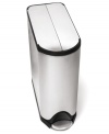 A step up! The perfect fit for stashing under low countertops, this split butterfly door trash can features an extra strong all-steel pedal that closes slowly and silently to keep trash out of sight and out of mind. Engineered to keep a low profile, the internal hinge and slim shape align right up against the wall, while the bag tuck opening hides excess lining for an always clean appearance. 10-year warranty.