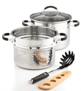 The key to pasta control. Equip your kitchen to make healthier, portion-controlled servings with this pasta steamer set, which features a stainless steel saucepot with convenient interior measuring marks for easily whipping up Weight Watchers recipes right at home. The included wooden measuring tool makes decisions easy by telling you exactly how much pasta to prep. Lifetime warranty.