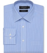 Long sleeve dress shirt with spread collar. Single needle tailoring, angle cut barrel cuffs with two buttons to resize width. Pocket at left chest. Subtle stripe pattern throughout.