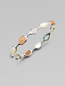 Sleek sterling silver with milky aquamarine, mother-of-pearl, peach moonstone and green amethyst stones in various shapes. Milky aquamarine, mother-of-pearl, peach moonstone and green amethystSterling silverDiameter, about 2½Slip-on styleImported 