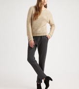 Relaxed wool pants in a high-waist silhouette, revived by leather trim and a unique button front. Button frontSlash pocketsSingle back besom pocketRise, about 11Inseam, about 27Wool with leather trimDry clean with leather specialistMade in USA of imported fabricModel shown is 5'11 (178cm) wearing US size 4.