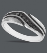 Treat him to dramatic design. Bold, round-cut black diamonds (1/5 ct. t.w.) adorn this stately men's ring. An intricate wave design adds extra flair. Set in sterling silver. Size 10-1/2.