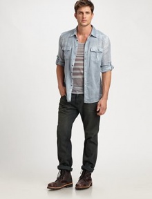 Urban cool and edgy simply defines these dirty-washed cotton jeans that lend a beaten-up, well-worn look.Four-pocket styleZip flyInseam, about 33CottonMachine washImported