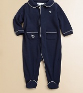 Charming touches of embroidery and contrast piping finish an essential coverall that is crafted from soft pima cotton.Peter Pan collarLong sleeves with ribbed cuffsConcealed snap frontHidden bottom snapsPima cottonMachine washImported Please note: Number of buttons/snaps may vary depending on size ordered. 